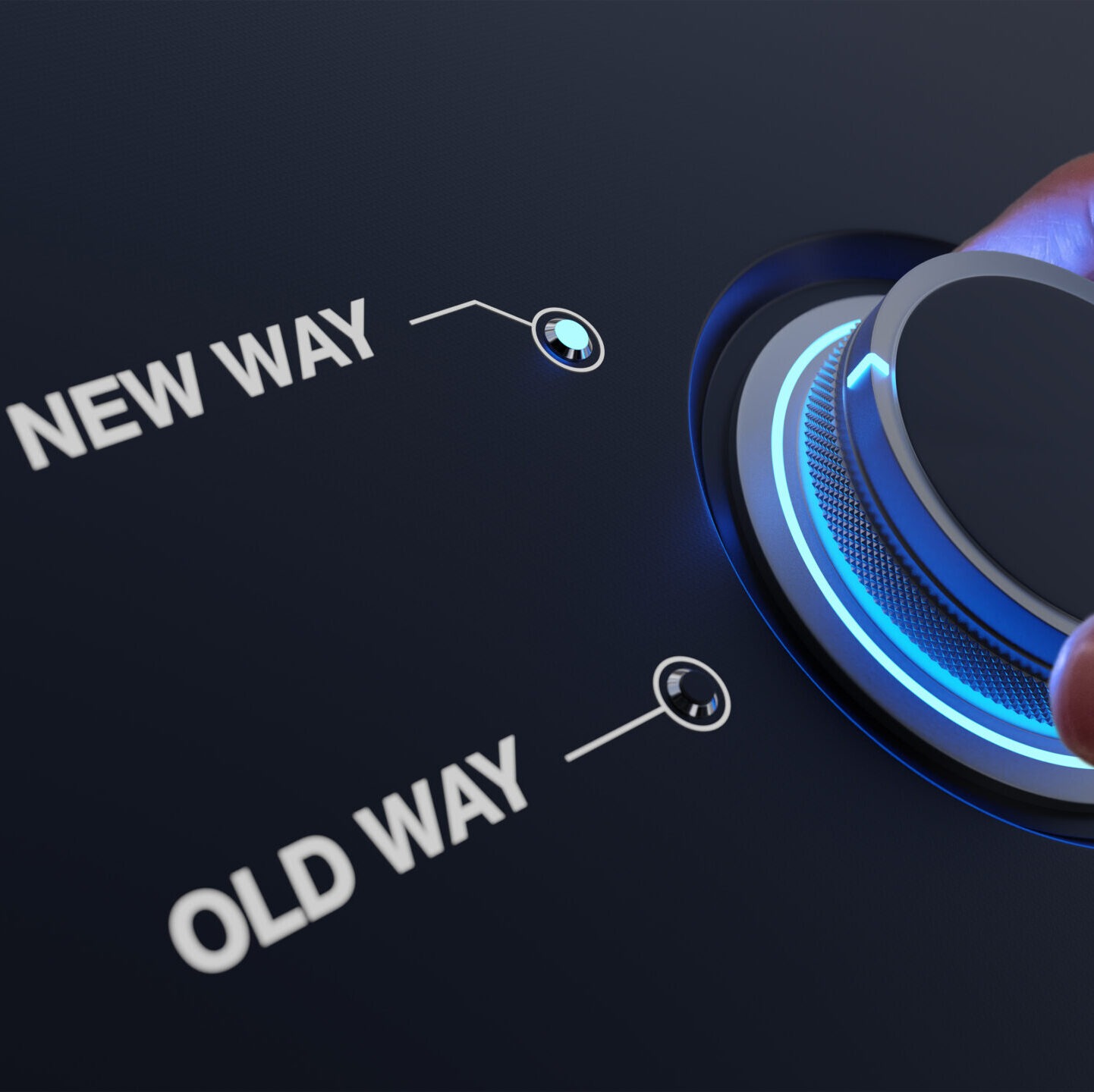 Change management concept for digital transformation or corporate organizational shift. Hand turning knob with choice between old way and new way. Forward thinking, vision and strategy.